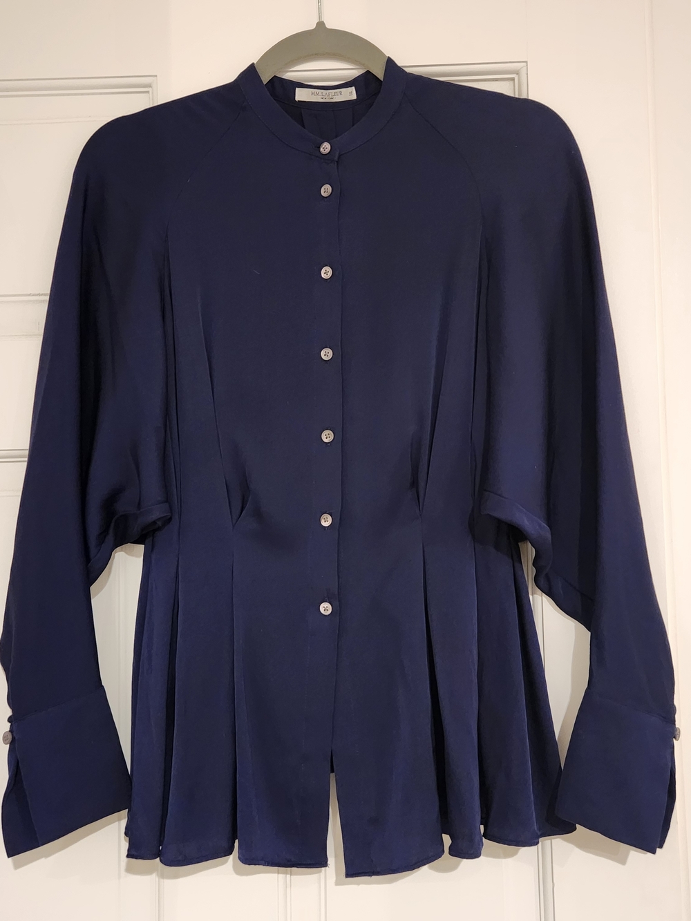 MM. Lafleur Navy Silk-Blend Button Top